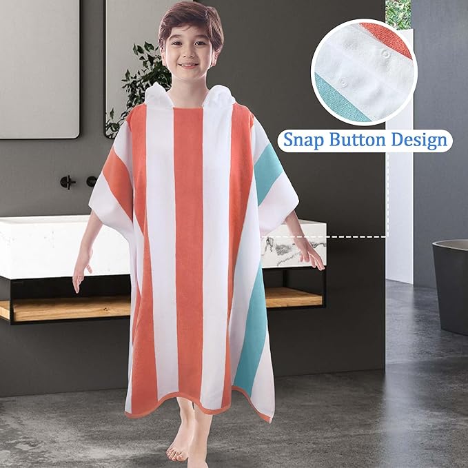 VOOVA & MOVAS Hooded Poncho Towel for Teens Unisex 100% Cotton Retro Bold Beach Pool Swim Cover Up Red White Teal Stripe