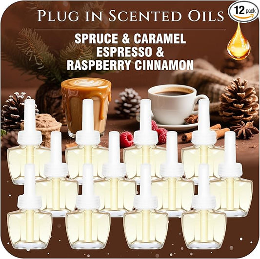 Plug In Refills Air Freshener, Spruce, Caramel, Espresso, Raspberry Cinnamon, for Home and Bathroom 7.92 Fl Oz, 12 Count, Compatible with Air Wick & Glade Not Include Glade Plus