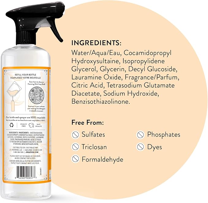 J.R. Watkins Trigger Spray Foaming Dish Soap, Crafted Clean & Cruelty Free, Orange, 16 fl oz, 6 Pack