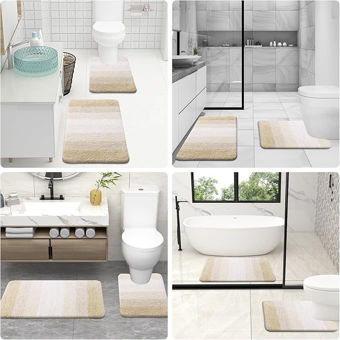 OLANLY Bathroom Rugs Sets 3 Piece, Soft Absorbent Microfiber Bath Mats and U-Shaped Contour Toilet Rug, Plush Shaggy Bath Mat Set for Bathroom (36"x24"+24"x16"+24"x20", Light Beige)