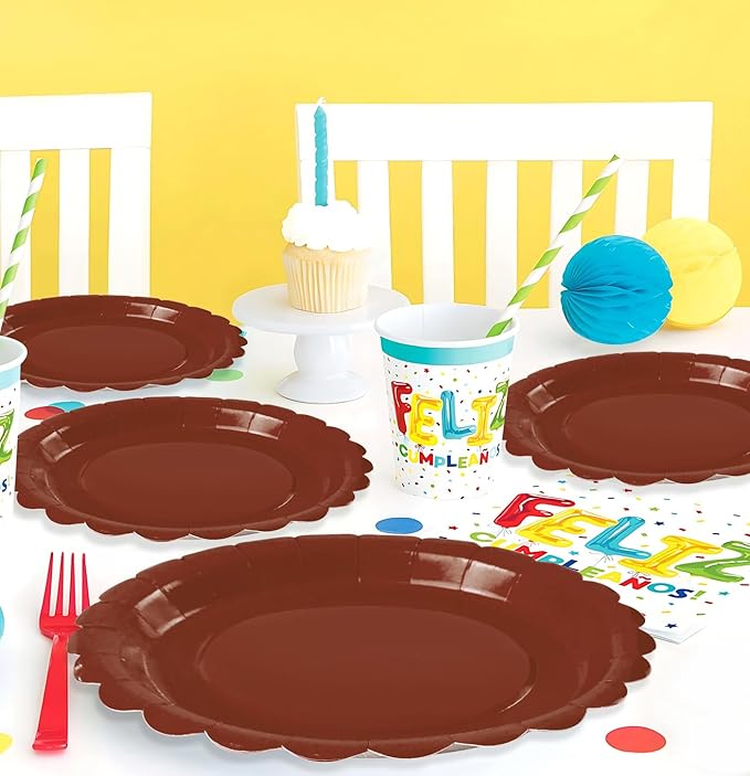 HEIPINIUYE 25 Pieces Brown Paper Plates 7 Inch Brown Scalloped Plates Disposable Dinner Plates for Wedding Baby Shower Birthday Fall Party Dessert Plates