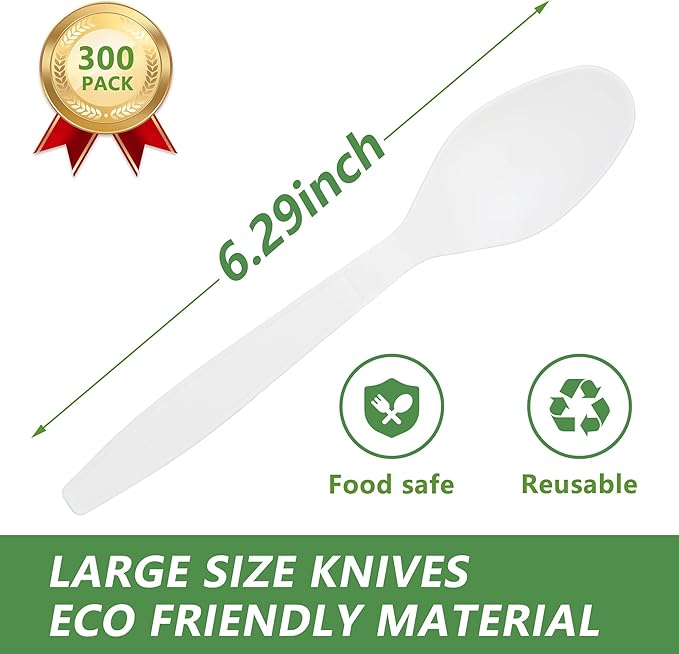 300 Disposable Spoons, Large Biodegradable Eco-Friendly Durable and Heat Resistant, Alternative to Plastic Spoons
