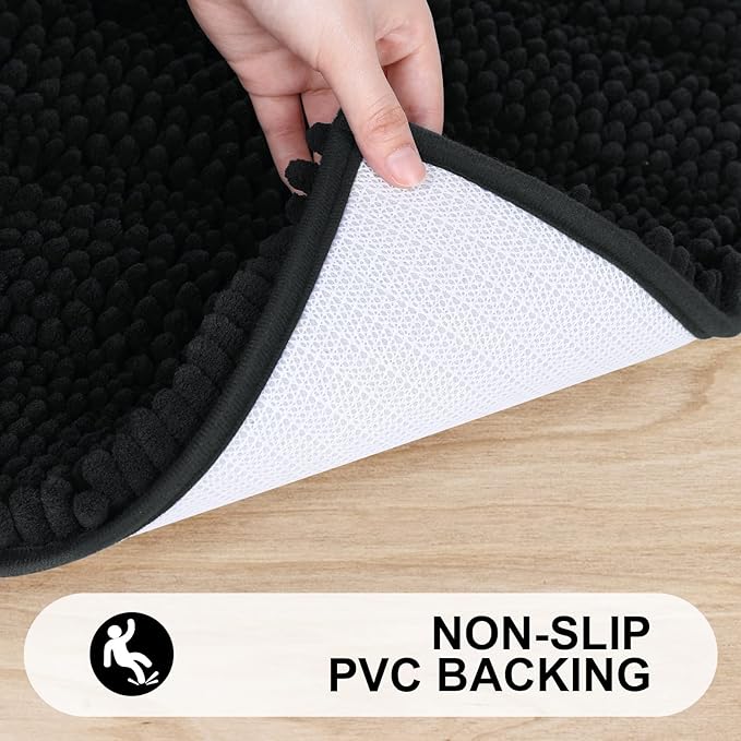 Grandaily Chenille Striped Bathroom Rugs 59x35, Extra Thick and Absorbent Bath Mats, Non-Slip Soft Plush Shaggy Shower Carpet, Machine Wash Dry, Bath Rug for Bathroom, Black