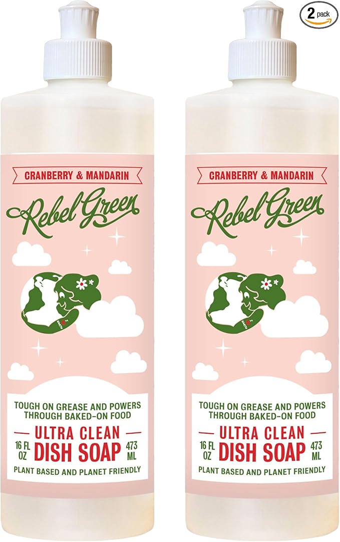 Rebel Green Super Deluxe Dish Soap - Plant-Derived Sustainable Dishwashing Soap - Cranberry & Mandarin Scent - 16 fl oz - 2 Pack