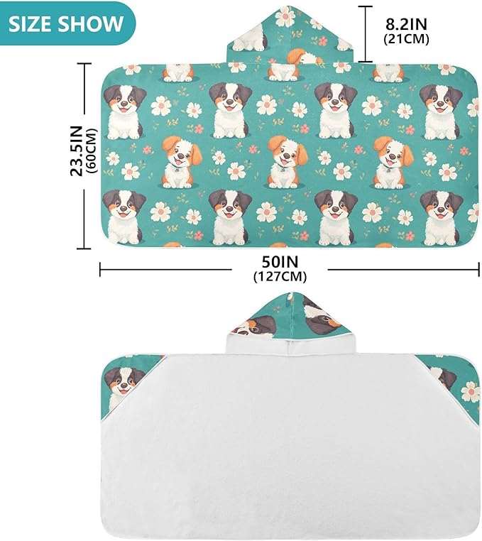 Kids Hooded Beach Towel Cartoon Cute Dog Turquoise Boys Hooded Beach Towel Soft Toddler Bath Towels