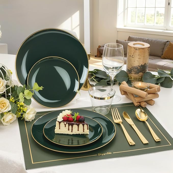 WDF 150Pcs Green Plastic Plates - Green Plates Disposable with Gold Rim - 25Guest Disposable Dinnerware Include 50 Plastic Plate 75 Gold Cutlery 25 9oz Cups for Wedding/Party/Birthday