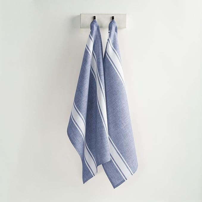 Solino Home Blue Linen Kitchen Towels Set of 2-100% Pure Linen 17 x 26 Inch Country Stripe Tea Towels with Hanging Loop- Soft & Durable European Flax Kitchen Dish Cloth-Quick Dry & Machine Washable