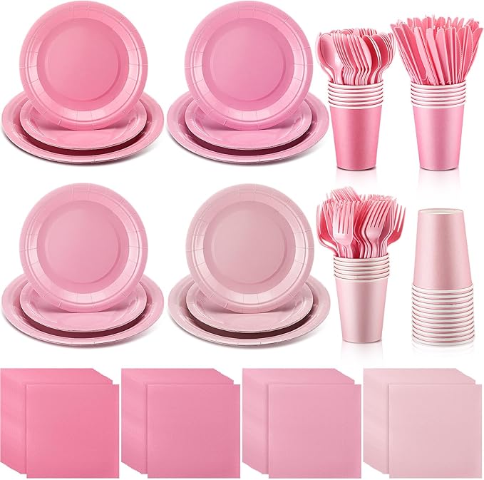 Nuogo 336 Pcs Pink Party Supplies Set Pink Paper Plates Napkins Cups Plastic Spoons Forks Knives Disposable Dinnerware for Birthday Baby Shower Wedding
