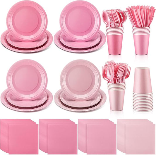 Nuogo 168 Pcs Pink Party Supplies Set Pink Paper Plates Napkins Cups Plastic Spoons Forks Knives Disposable Dinnerware for Birthday Baby Shower Wedding