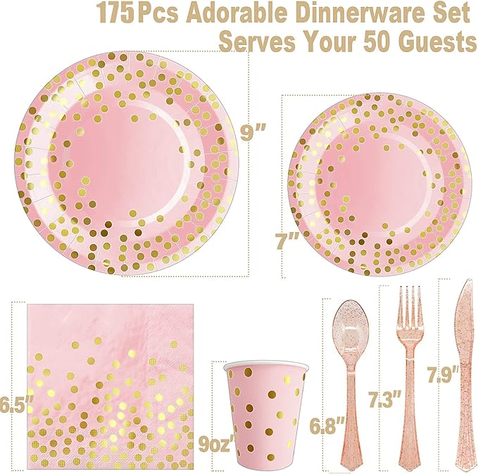AIRE 175PCS Pink Rose Gold Plates Party Supplies Severs 25 Guests Disposable Party Decorations, Plastic Forks Knives Spoons, Golden Dot Paper Plates Napkins Cups for Mothers Day Birthday Wedding