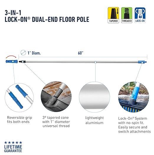 Unger Professional Lock-On 60” Dual-End Aluminum Handle Pole – Compatible with Unger Lock-On Poles & Standard Thread Cleaning Supplies, Use with Floor Squeegees, Brooms, Brush Heads