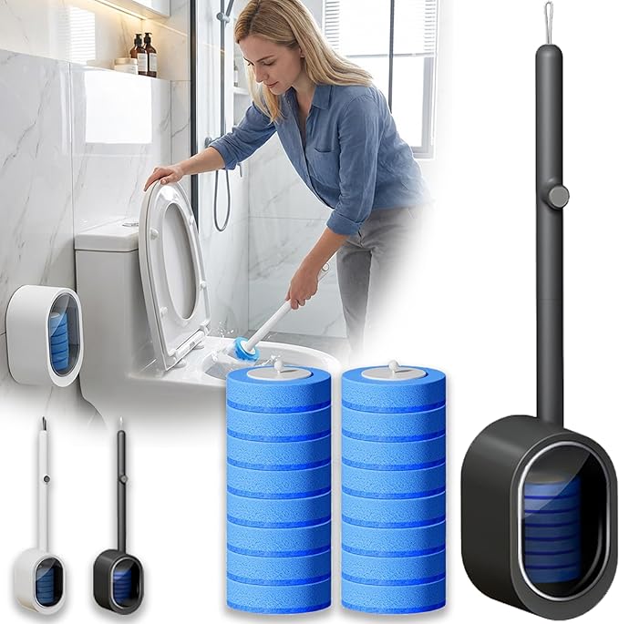 Disposable Toilet Bowl Cleaner Wand, Toilet Scrubber Kit with Self-Cleaning Disposable Pads – No Pre-Rinse (Grey+16Pcs Brush Heads)