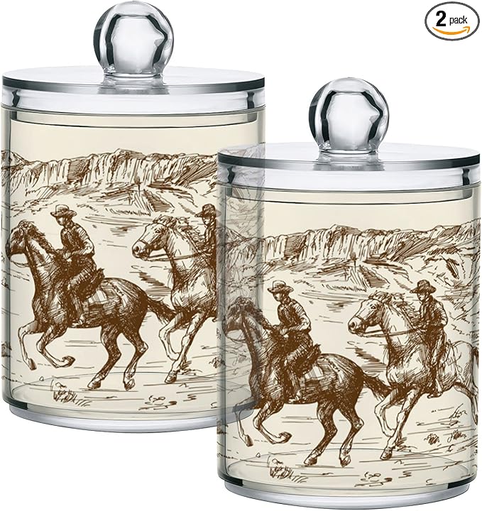 Blueangle 2PCS American West Cowboy Qtip Holder Dispenser with Lids - Apothecary Jar Containers for Vanity Organizer Storage - Plastic Food Storage Canisters