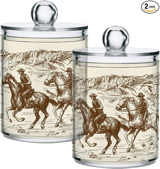 Blueangle 2PCS American West Cowboy Qtip Holder Dispenser with Lids - Apothecary Jar Containers for Vanity Organizer Storage - Plastic Food Storage Canisters