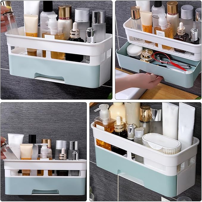 Multifunction Bathroom Organizer with Drawer, Drill-free Removable Shower Storage Rack, Plastic Shower Caddy for Toiletries and Countertop Storage Random Color
