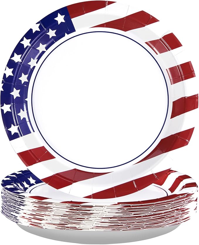 50Pcs 250th Anniversary Patriotic Round Paper Plates 10" Large Heavy Duty Disposable American Flag Red Blue White Dessert Plates 4th of July Dinner Plate for President Election Memorial Day Supplies