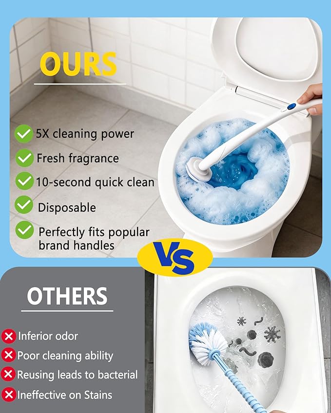 60 Count Toilet Bowl Wand Refills Compatible with Clorox, Disposable Toilet Cleaner Refill Pads, Replacement Brush Heads for Most Toilet Cleaning System, No Falling Apart
