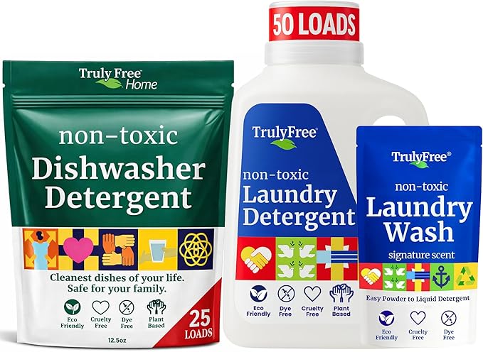 Truly Free Dishwasher Detergent + Laundry Detergent Bundle | Dishwasher Powder 1 Pack, 25 Loads | Laundry Wash Signature Scent, Powder to Liquid, 50 Loads | Non Toxic, Natural, Plant Based