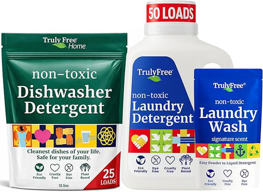 Truly Free Dishwasher Detergent + Laundry Detergent Bundle | Dishwasher Powder 1 Pack, 25 Loads | Laundry Wash Signature Scent, Powder to Liquid, 50 Loads | Non Toxic, Natural, Plant Based