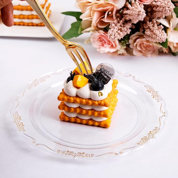 LIYH 200 Pcs Clear Gold Plastic Dessert Plates 7.5"and Cake Forks 5" - Clear Small Cake Plastic Plates and Gold Forks for Parties Wedding Birthday