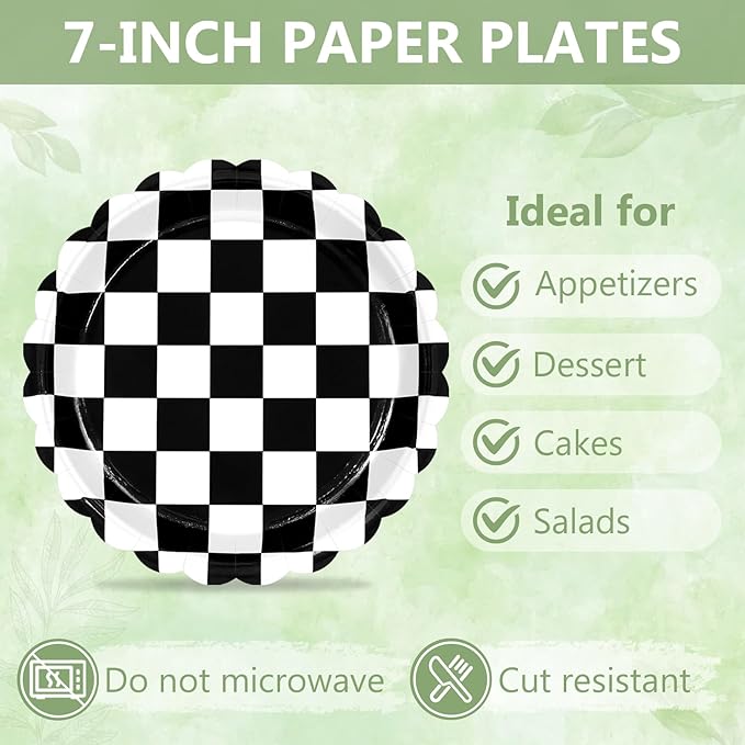 Mulbozy 75 Black Checkered Plates and Napkins Disposable Set Includes 25 Dessert Cake Scalloped Plates, Cocktail Napkins & Forks, for Fork 25 Guests Holiday Party Supplies.