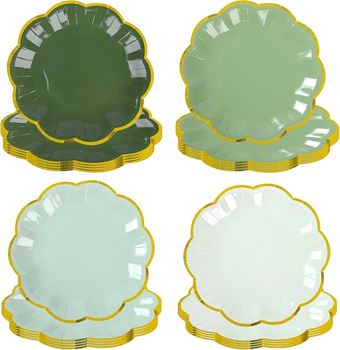 AimFun Sage Green Party Plates Gradient Green Dessert Paper Plates 7inch Gold Foil Scalloped Edge Disposable Cake Plates for Birthday Bridal Baby Shower Wedding Party Supplies (24)