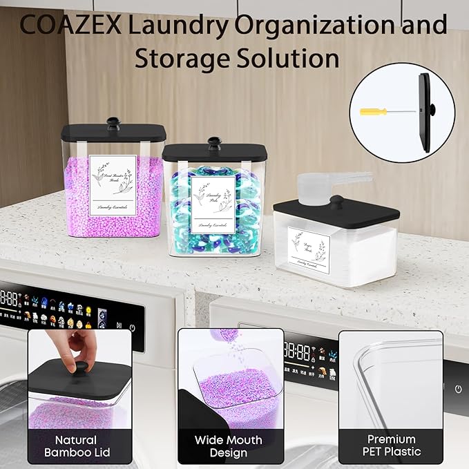 COAZEX 3 Pack Plastic Laundry Pods Container & Dryer Sheet Holder, Laundry Room Organization and Storage Jars with Lids, Scoops & Labels for Detergent, Powder, Scent Booster(Black Lid)