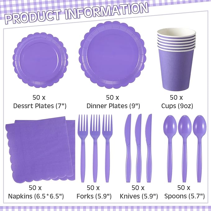 Ziliny 350 Pcs Purple Plates and Napkins, 50 Guest Lavender Party Supplies Include Scalloped Paper Plates Napkins Cups Plastic Spoons Forks Knives Disposable Tableware Set for Baby Shower