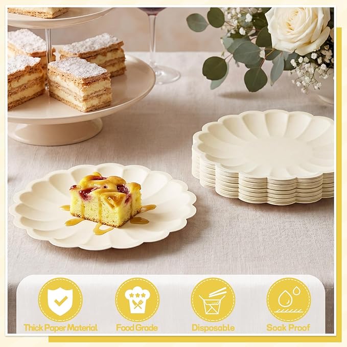 NatNarr 30 Pcs Ivory Scalloped Paper Plates 7.5 In Shell Edge Dinner Paper Plates Disposable Cream Scalloped Plate for Wedding Baby Shower Birthday Party