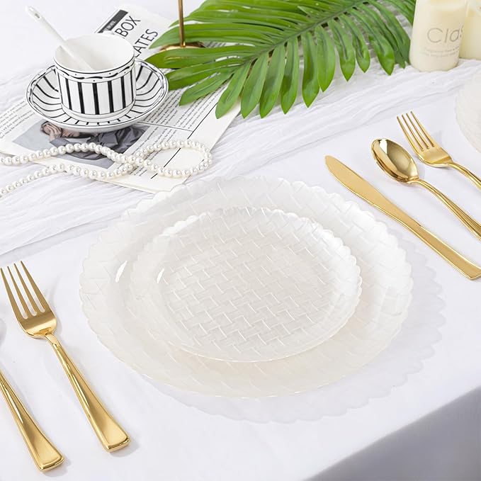 Festiva 60PCS Clear Ivory Plastic Plates - Heavy Duty Weave Pattern Fancy Disposable Plates -serve for 30 guests Include 30PCS 10" & 30PCS 7" Plates for Bithday &Easter Party(Ivory)