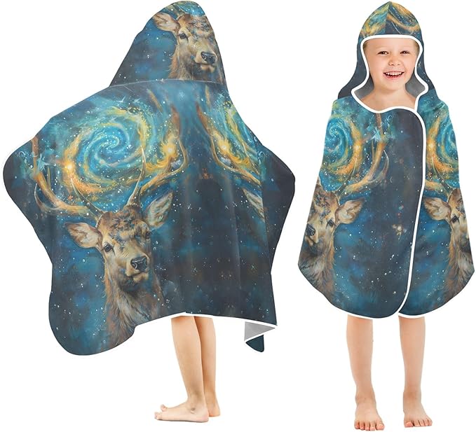Hooded Towel for Kids Galaxy Deer Oil Painting Beach Wrap Bath Towels 50x23.5in
