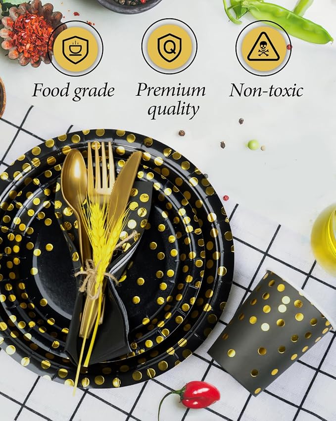 350 Pieces Party Supplies, Black and Gold Party Plates Cups and Napkins Sets with Plastic Knives forks spoons, Disposable Tableware Serves 50 Sets for Wedding, Birthday, Graduation, Festivals