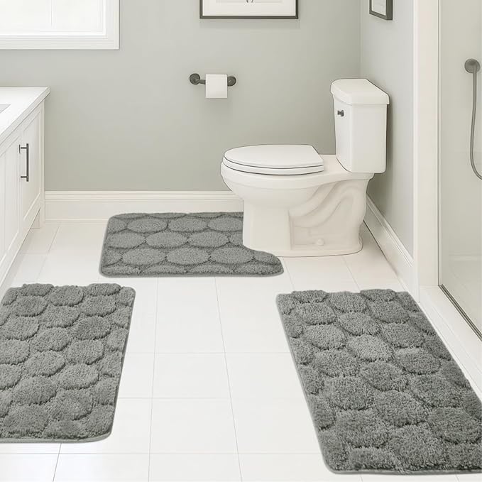 Bath Rugs Set 3 Pieces Bathroom Mat Soft Absorbent Plush Shaggy Soft Floor Non Slip Shower Bath Tub Machine Washable (Moss-Round, 20"x32"/20"x20"/17"x24")