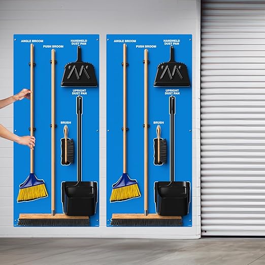 Clean & Sweep 5S Shadow Board/Wall Mount Broom Holder, 68" x 30" Board, 5S Cleaning Station - with Broom and Dustpan Set Included, Made in The USA by AccuformNMC, Blue/Black, PSB616BUBK