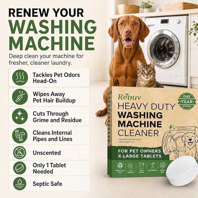 Renuv® Heavy Duty Washing Machine Cleaner For Dog & Cat Hair, Stink, Odor, Residue, Grime - For Front Load or Top Load Washer. HE and Septic Safe For Pet Owners. (12 XL Tablets - 1 Year Supply)