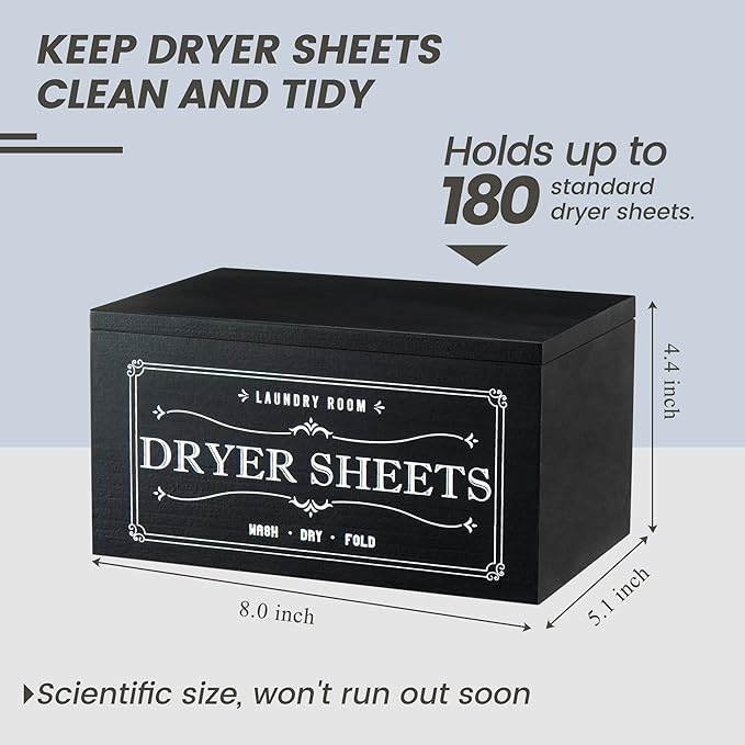 Rustic Dryer Sheet Holder with Lid - Cute Farmhouse Dryer Sheet Dispenser Laundry Room Decor Accessories,Fabric Softener Dispenser Dryer Sheet Container for Laundry Organization Storage,Black-N
