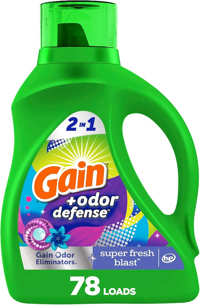 Gain + Odor Defense Liquid Laundry Detergent, Super Fresh Blast Scent, 113 Oz, 78 Loads, HE Compatible