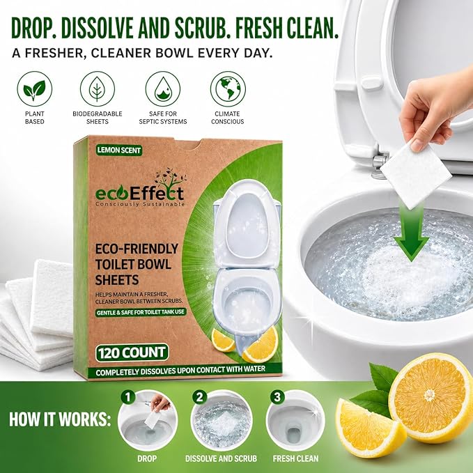 Toilet Bowl Cleaner Sheets | 120 Cleans | Natural | Quick Dissolve | Deodorizing Citrus Scent | Biodegradable | Septic Safe | Eco-Friendly | NO PLASTIC