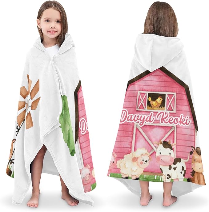 Farm Animals Personalized Kids Hooded Towel with Name Soft Absorbent Beach Pool Bath Towels Hood Poncho for Boys Girls