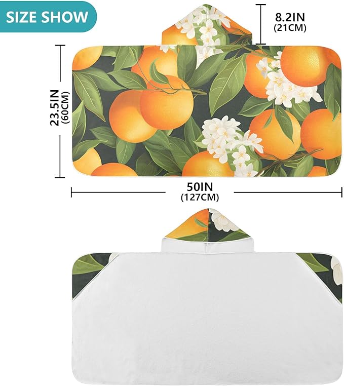 Hooded Towel for Kids Oranges and Blossoms Pattern Beach Wrap Bath Towels 50x23.5in