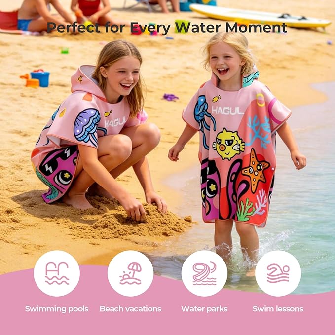 Kids Hooded Beach Poncho, 66×70cm, Soft & Quick-Dry with Fun Ocean Prints, Lightweight Swim Towel for Pool, Beach & Water Park (Ages5–9) (Pink, Small)