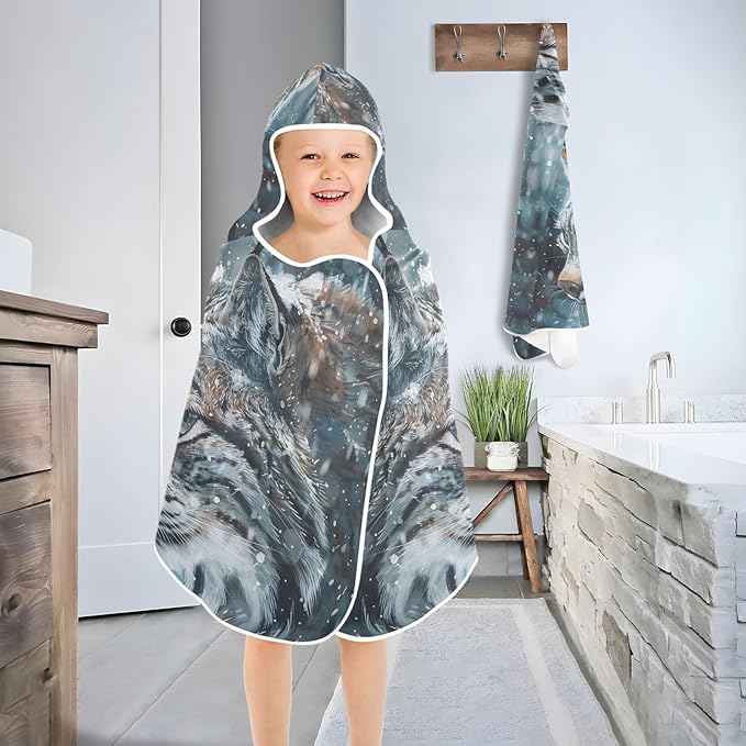 Hooded Towel for Kids Frosty Bobcat Stares Into The Snowy Forest Beach Wrap Bath Towels 50x23.5in