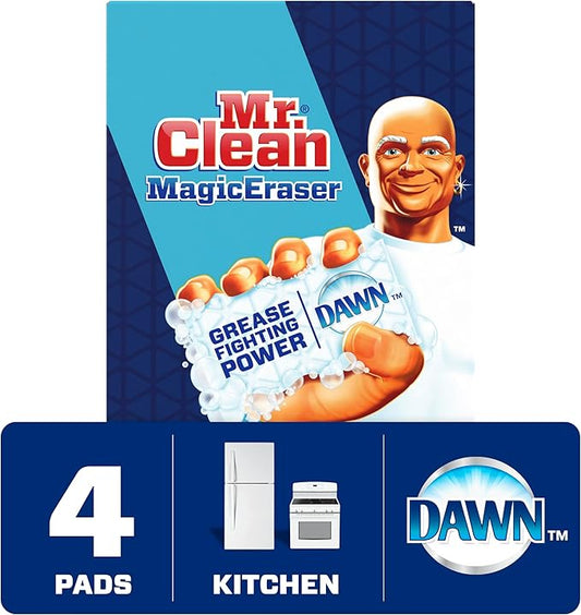 Mr Clean Magic Erasers with Dawn, Bathroom, Shower, and Oven Cleaner, Cleaning Pads with Durafoam, 4 Count
