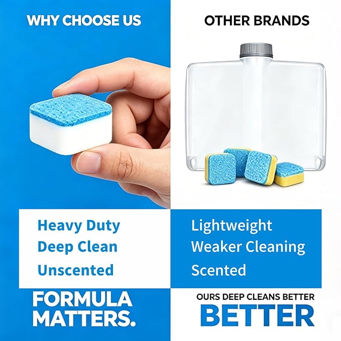 Heavy Duty Dishwasher Cleaner & Deodorizer Tablets, Descaler, Deep Cleaning, Natural Odor & Smell Remover, Calcium, Limescale, Hard Water Marks, Grease, Septic Safe Pods (12 Tabs 1 Yr Supply)
