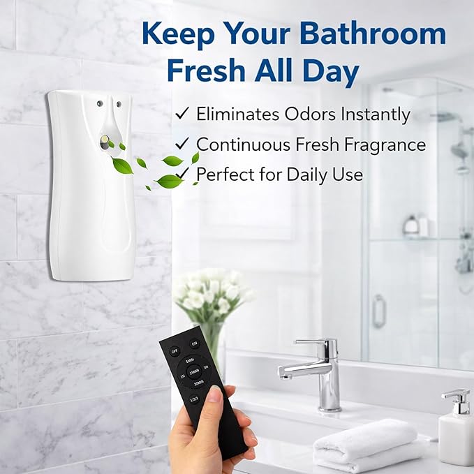 Automatic Air Freshener Dispenser 2-Pack with Remote, Battery Operated Wall Mount or Freestanding Spray, Adjustable Timer for Bathroom, Office & Home (WHITE)