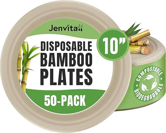 Jenvita Bamboo Paper Eco Disposable Plates (50-Pack, 10-inch) | Sturdy & Microwave Safe | Heavy Duty Eco Friendly Small Plates | PFAS Free, Biodegradable | FSC Certified Alternative to Plastic