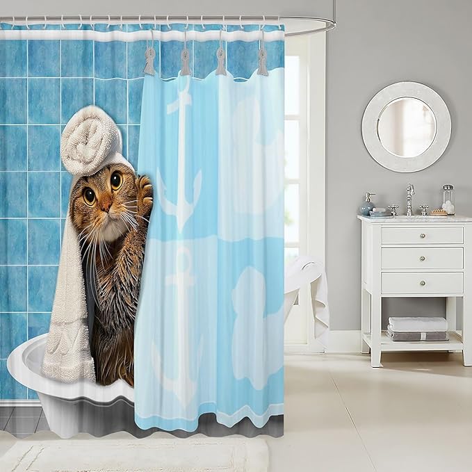 Cat Shower Curtain Cute Animal Bath Curtain Funny Kitten Takes Bath Pattern Ship Anchor Nautical Shower Curtain Hanging Curtain Novelty Pet Bathroom Accessories for Boys Girls Teens,72"Wx84"L