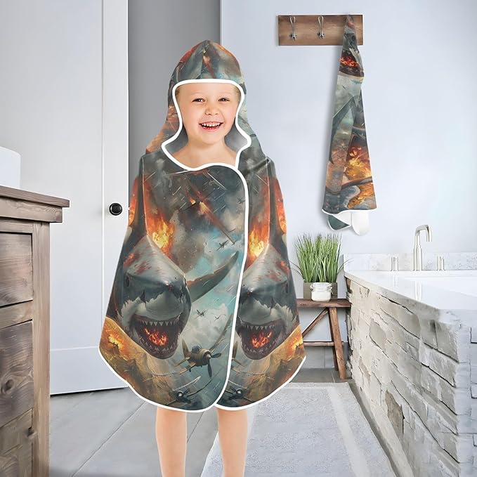 Hooded Towel for Kids Shark and War Fire Beach Wrap Bath Towels 50x23.5in