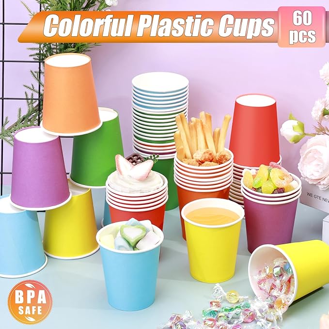 KesaPlan 60 PCS Disposable Paper Cups 9 OZ Colored Party Cups Plastic Drinking Cup, Rainbow Paper Cups Bulk 6 Colors for Hot Cold Drink Coffee Tea Juice DIY Perfect for Birthday Holiday Party Supplies