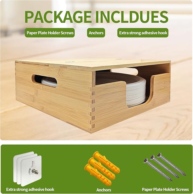 EBIGIC Bamboo Paper Plate Storage,Paper Plate Holders and Dispenser,fit for Kitchen Wall, Countertop and Under Cabinet 8-10in Plates